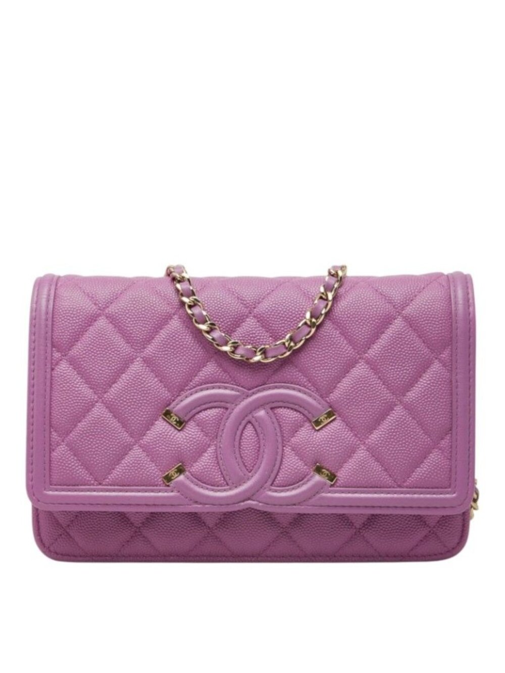 Chanel CC Filigree Chain Wallet Shoulder Bag Pochette Purple Caviar Leather